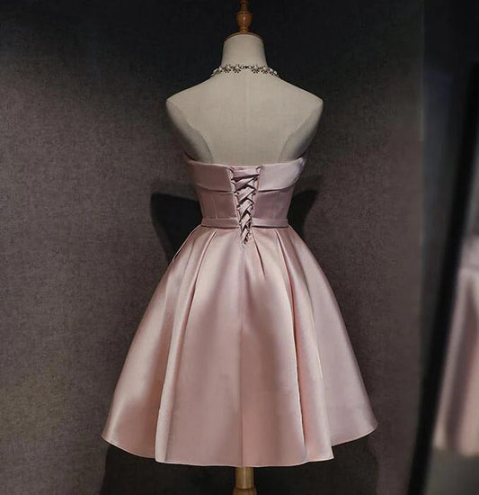 Cute Pink Satin Short Prom Dress, Semi Formal Dresses