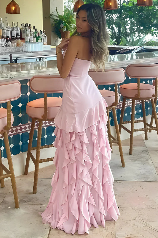 Cute Pink Strapless Empire Ruffled Party Prom Dress With Slit