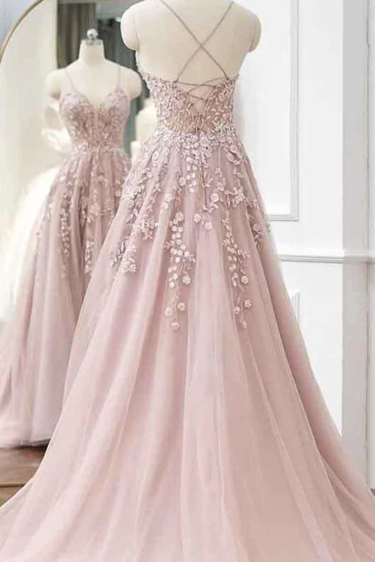 Cute Tulle A-Line Lace Appliques Lace Up Prom Dress