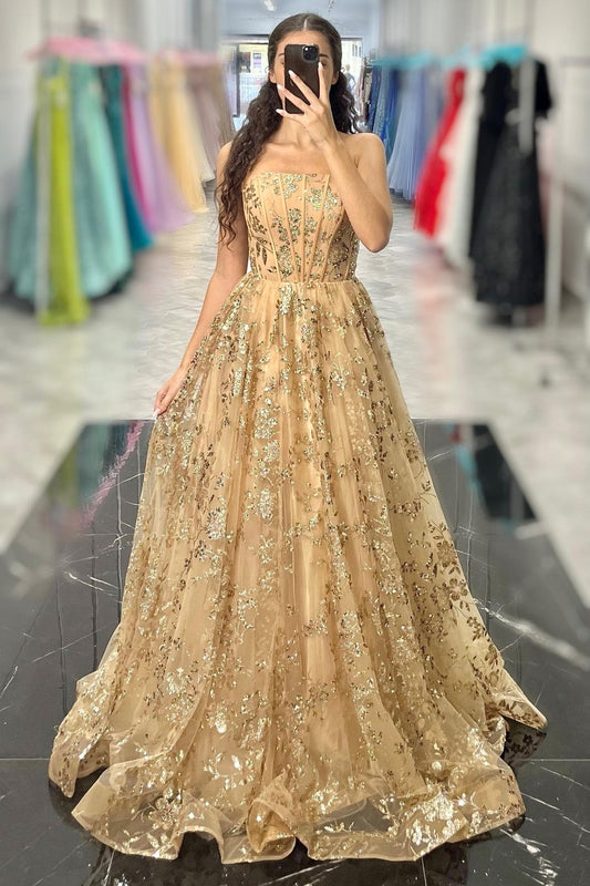 Elegant Lace A-Line Strapless Empire Long Party Prom Dress