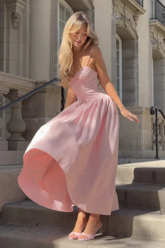 Elegant Pink Satin A-Line High Waist Sleeveless Party Prom Dress