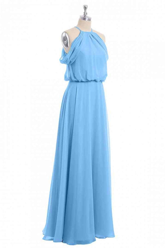 Blue A-line Halter Off-Shoulder Chiffon Long Bridesmaid Dress