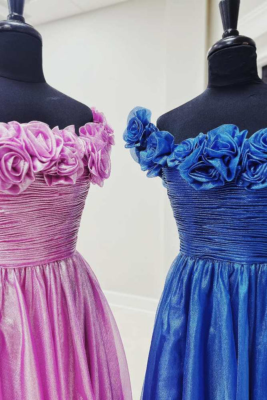 Fuchsia Off the Shoulder 3D Floral A-Line Long Prom Dress