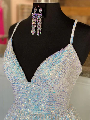 New Sparkly A Line Spaghetti Straps V Neck Backless Prom Dresses, Open Back Shiny Formal Graduation Dresses GG072