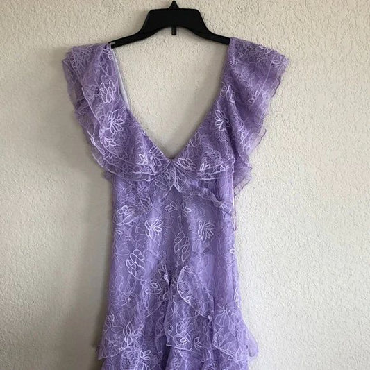 Vintage A Line V Neck Lilac Lace Tiered Long Prom Dress,Evening Dress GG1423