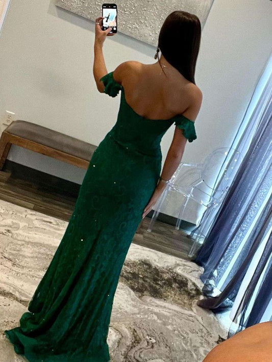Pretty Mermaid Off The Shoulder Satin Lace Long Prom Dress,Evening Dress GG1758