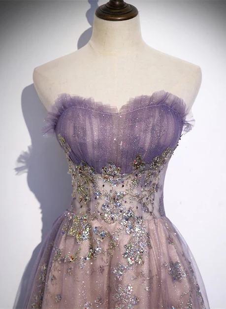 Chic A Line Sweetheart Light Purple Sequins Tulle With Lace Long Prom Dresses, Evening Dress GG242