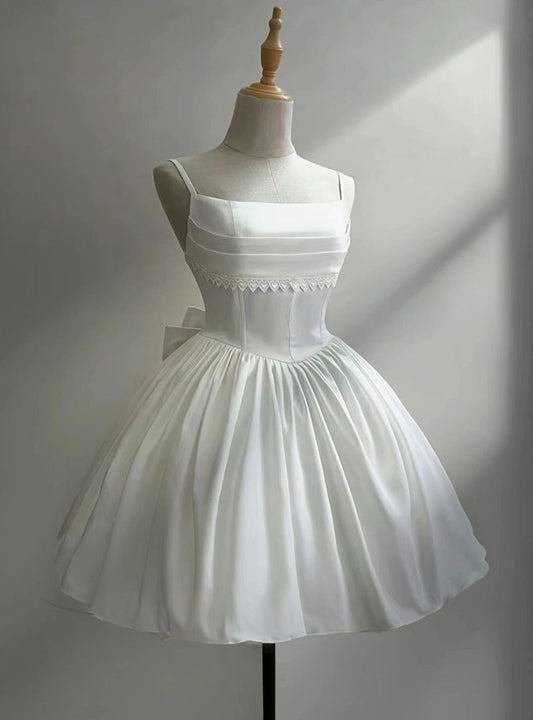 Pretty A Line Spaghetti Straps White Satin Back With Bow Short Homecoming Dress,Summer 16th Birthday Dress GG4580