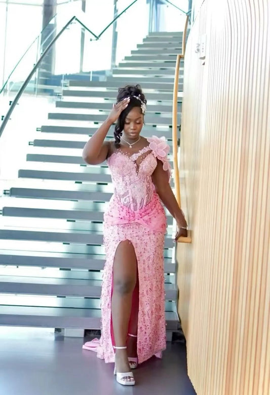 Gorgeous Pink Mermaid One Shoulder Satin Beads Slit Long Prom Dress,Party Dress,Formal Evening Dress GG4883