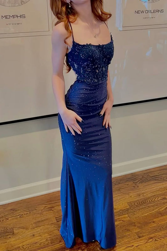 Classy Mermaid Spaghetti Straps Satin Lace Beaded Without Sleeves Long Prom Dress,Evening Dress GG5382