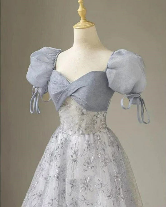 Cute A Line Sweetheart Floral Printed Tulle Short Puff Sleeves Long Prom Dress,Evening Dress GG577