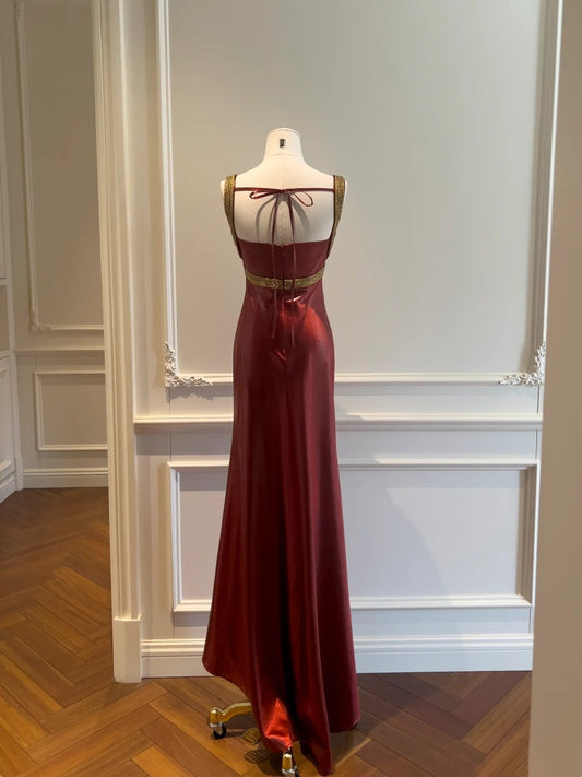 Glittering Burgundy Prom Dress Beaded Spaghetti Straps Mermaid Evening Dress GG5857