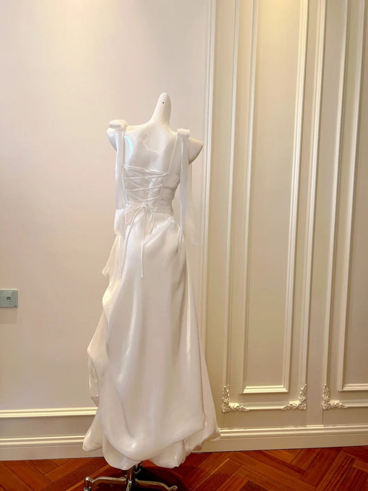 Lustrous Bows White Prom Dress Satin Long Evening Dress GG5883