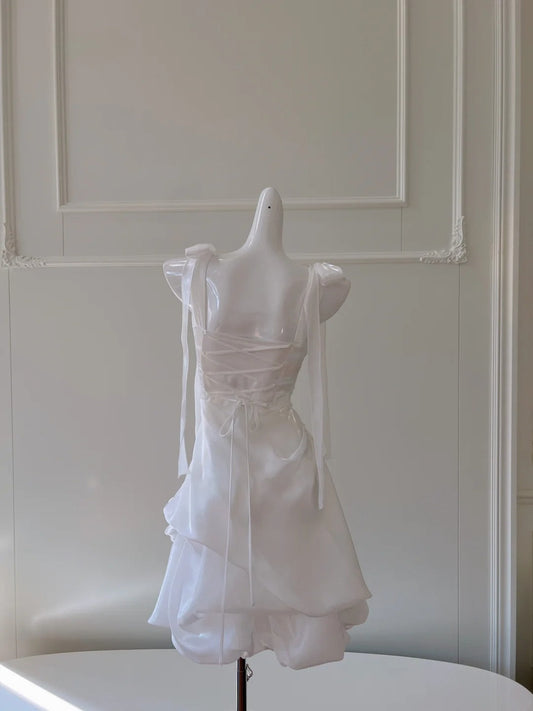 Chic Spaghetti Straps White Homecoming Dress Satin Birthday Dress GG5974
