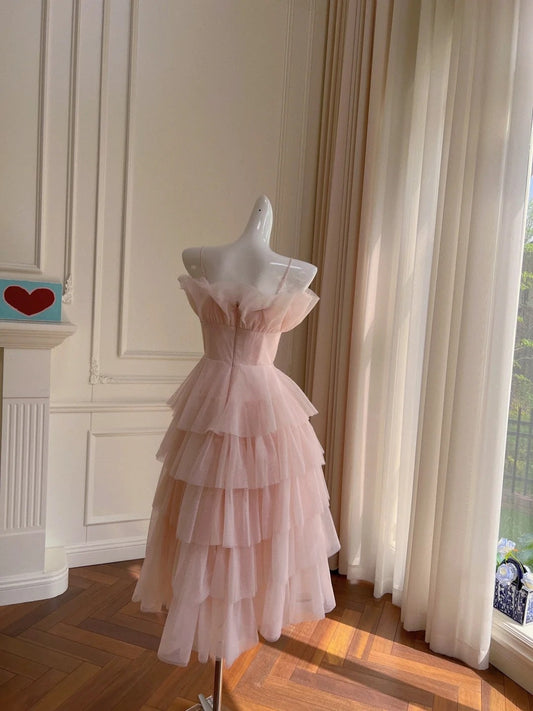 Romantic Tiered Tulle Pink Prom Dress Spaghetti Straps A-Line Evening Dress GG6032