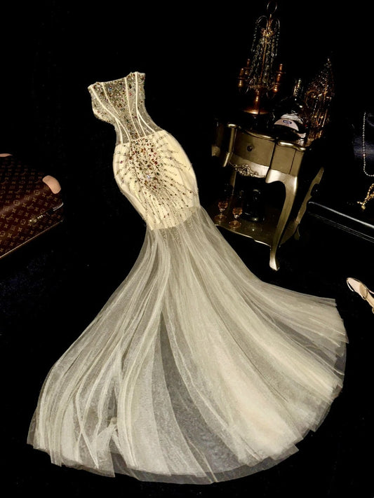 Unique Strapless Beige Prom Dress Beaded Tulle Mermaid Evening Dress GG6107
