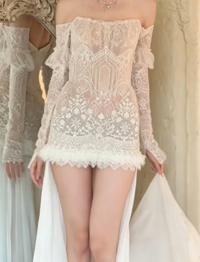 Unique Off-Shoulder White Wedding Dress Short Lace Pearls Sheath Bridal Dress GG6254