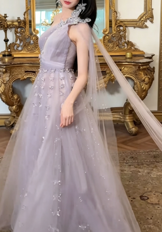 Ethereal One Shoulder Purple Prom Dress Beaded Tulle A-Line Evening Dress GG6381