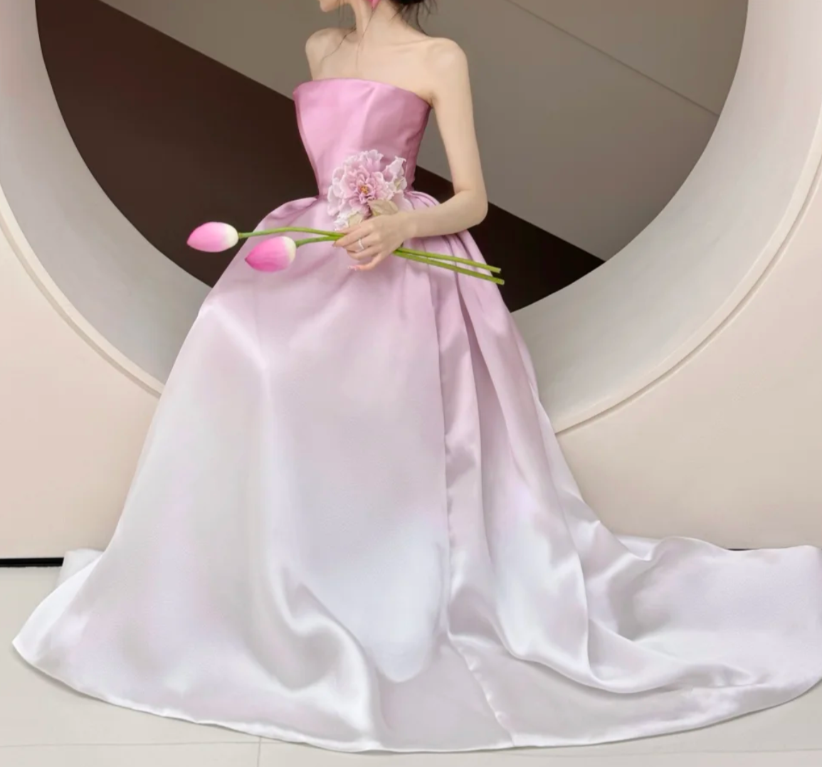 Vintage Strapless Gradient Purple Prom Dress Handmade Flower Satin A-Line Evening Dress GG6625
