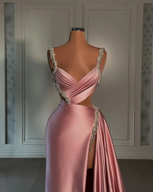 Pink gorgeous shiny V-neck fashionable exquisite beading spaghetti straps long satin sexy prom dress, evening dress, party dress gh3521