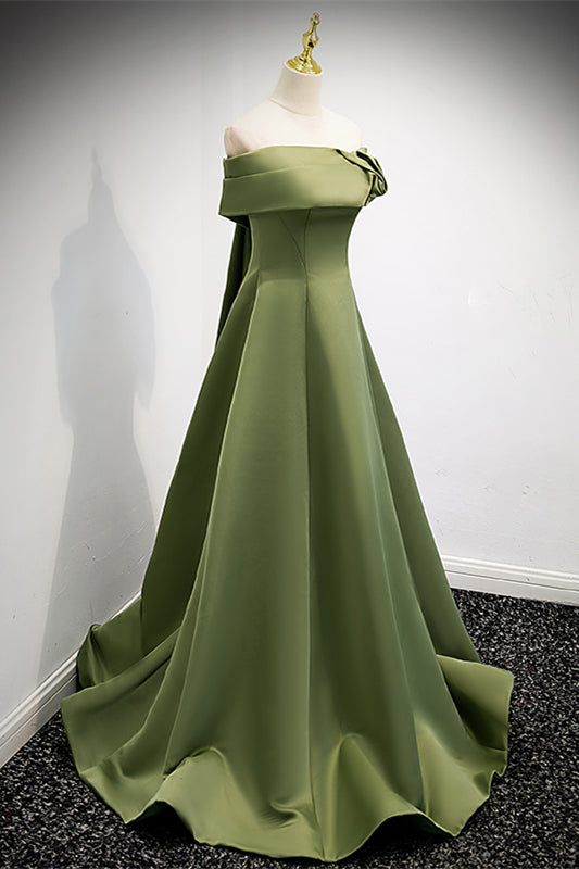 Casual Satin A-Line Off-Shoulder Green Party Evening Dress