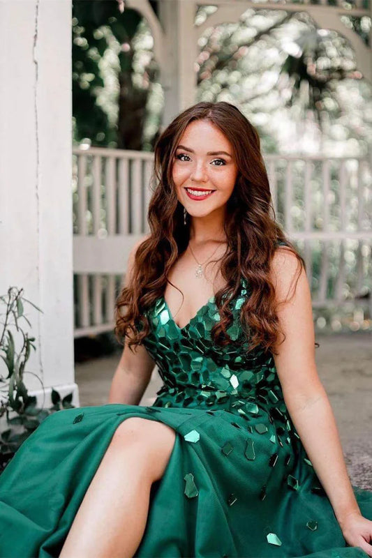 Green Tulle A-Line V-Neck Nackless Empire Beaded Party Prom Dress