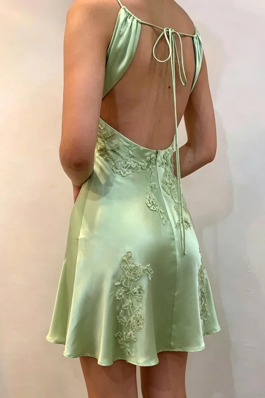 Green V-Neck Backless Lace Appliques Satin A-Line Homecoming Dress
