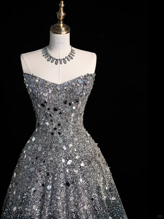 Black silver gorgeous sparkling elegant galaxy long sequined tulle floor-length ball gown evening dress gh4378