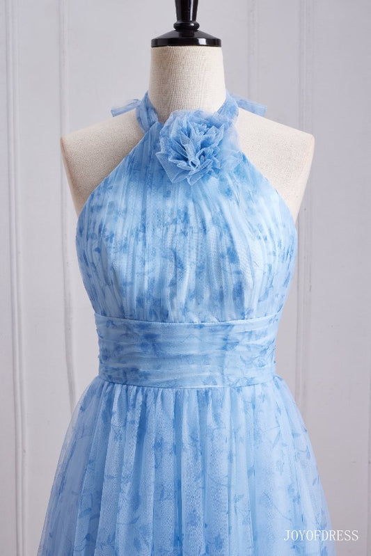 Halter Blue A-Line Long Bridesmaid Dress with Floral