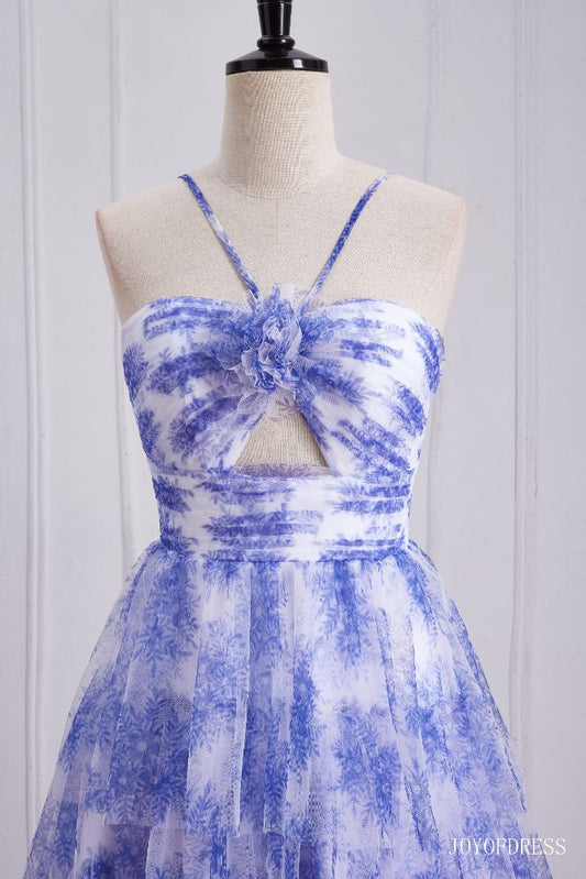 Halter Blue Floral Print Ruffle A-Line Prom Dress