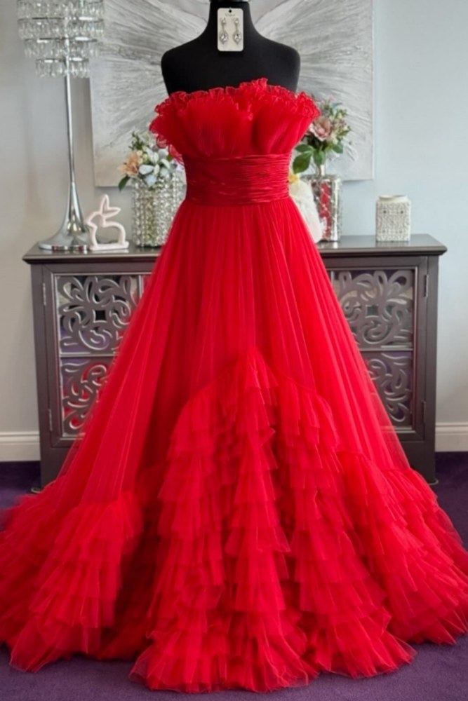 Hot Pink Ruffled Strapless Layers Long Prom Dress