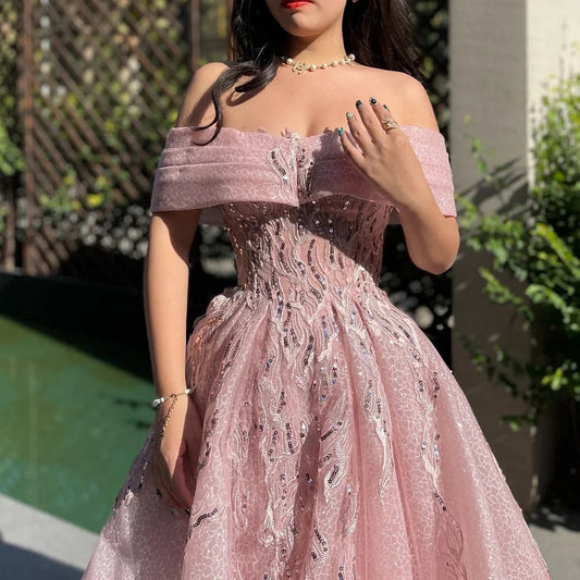 Pink glitter exquisite beading off-shoulder A-line elegant long tulle ball gown evening dress fairy princess dress gh2752