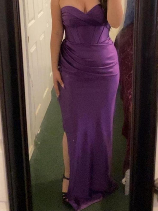 Mermaid Purple Strapless Satin Prom Dress Wedding Guest Dresses