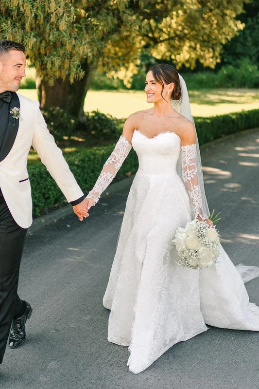 Lace A-Line Sweetheart Strapless Long Wedding Dress