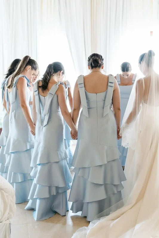 Light Blue Square Straps A-Line Tiered Bridesmaid Dress