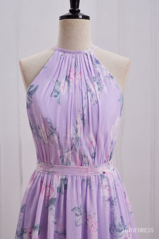 Light Purple Floral Print Halter Long Bridesmaid Dress