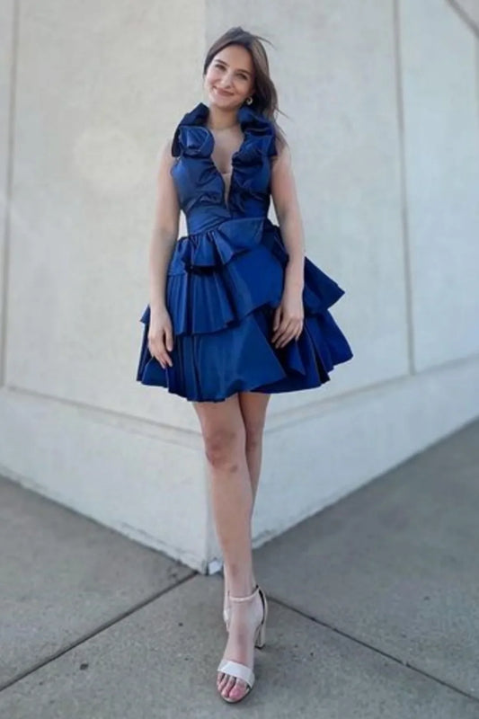 Low V-Neck Ruffled Halter Satin A-Line Tiered Homecoming Dress
