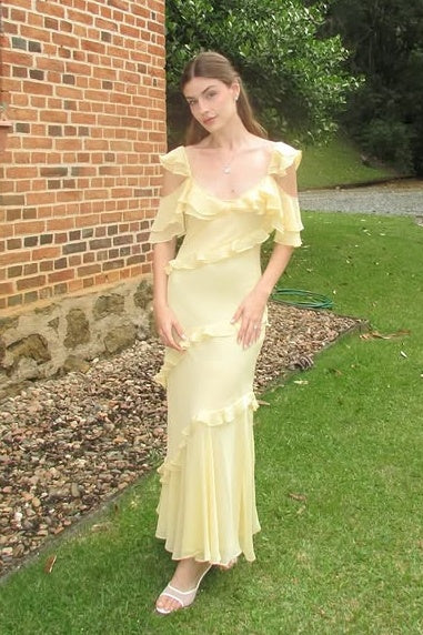 Low V-Neck Straps Chiffon Ruffle Long Party Prom Dress