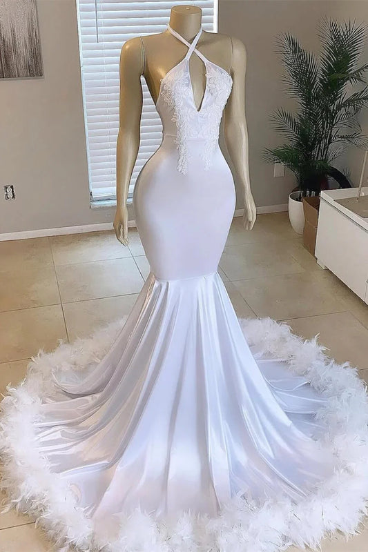 Mermaid Satin And Feather Halter Sleeveless Prom Dress For Black Girls