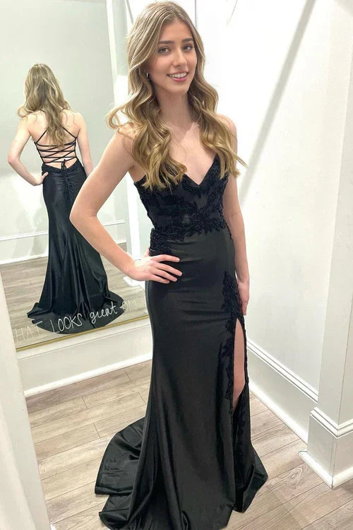 Mermaid Satin V-Neck Lace Up Appliques Party Prom Dress