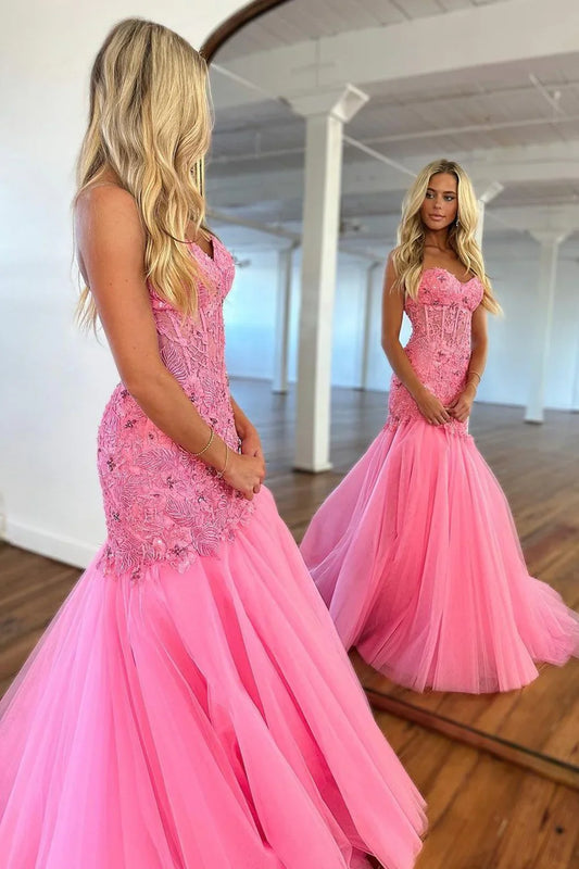 Modest Sweetheart Strapless Lace Appliques Tulle Mermaid Party Prom Dress