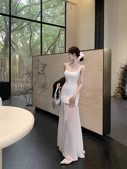 French-style white mesh slip dress, new spring style, elegant and sophisticated, petite and fitted long dress. 11454