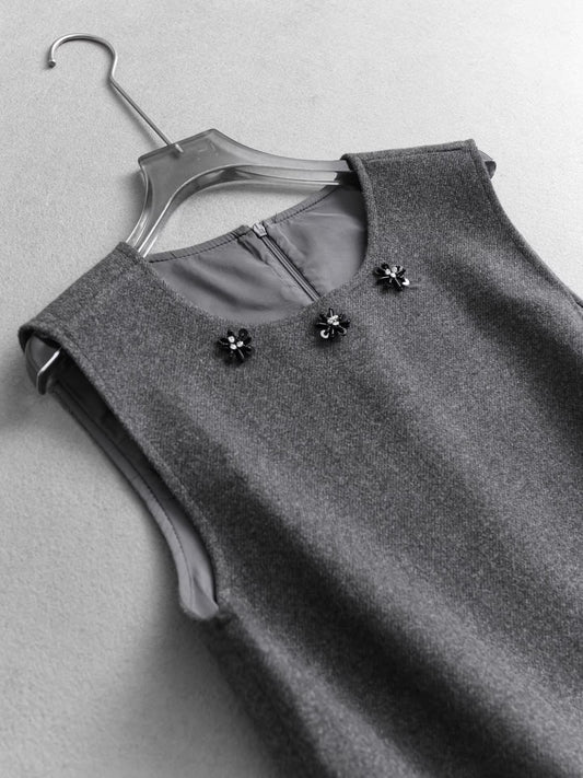 Sequined beaded round neck pleated sleeveless faux two-piece vest dress, slimming layered woolen dress 11296