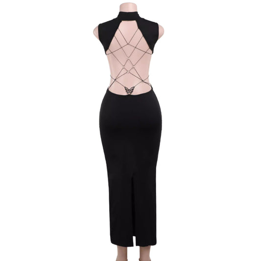 European and American style metallic butterfly hollow-out backless dress, sexy style, slimming slit long skirt 11488