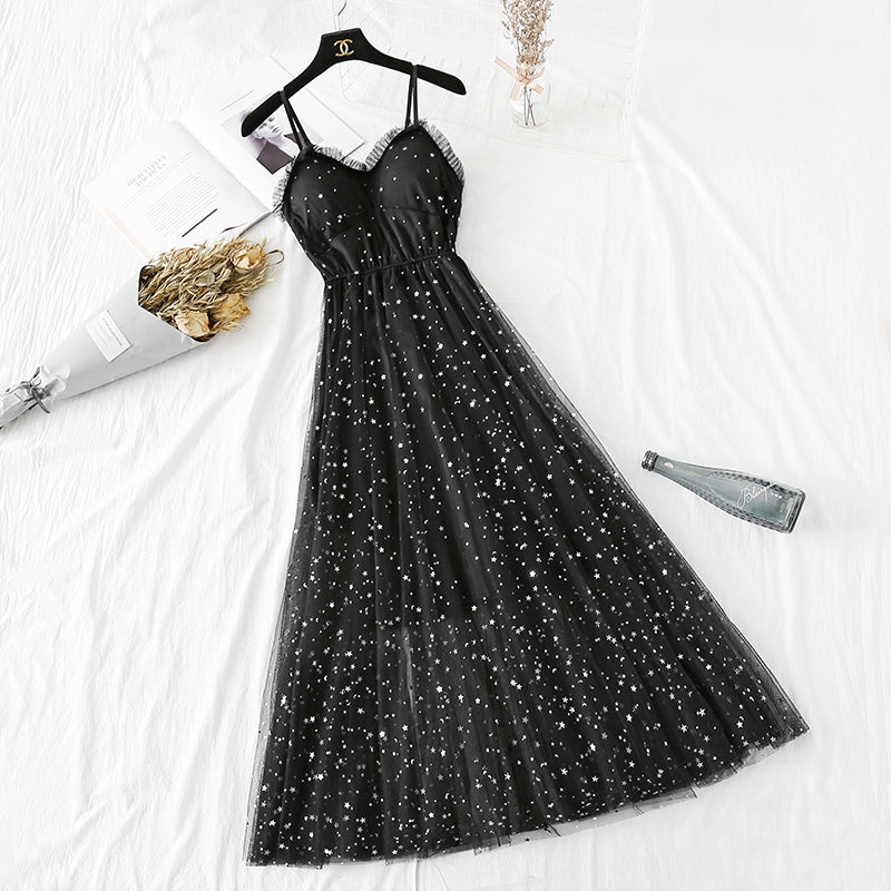 Five pointed star Sequin mesh sexy suspender dress 4298