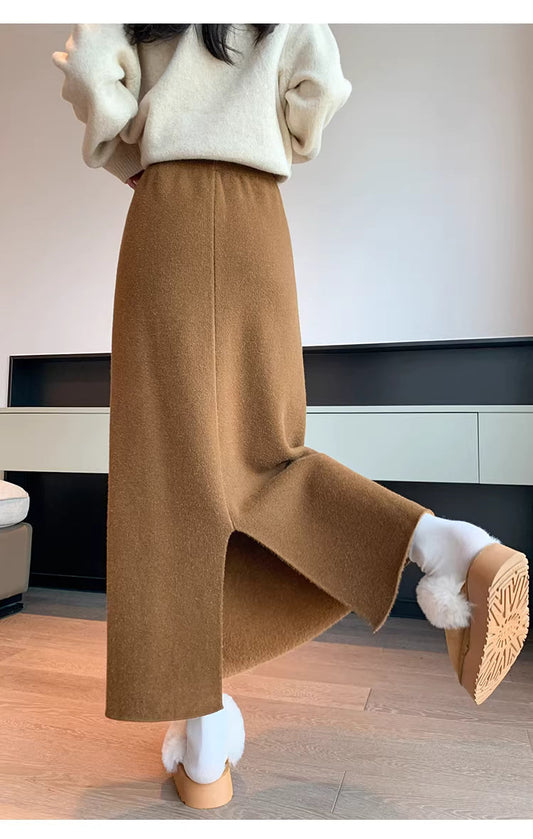 White fleece-lined, thickened faux cashmere knit midi skirt for women, winter bodycon straight A-line long skirt 11293