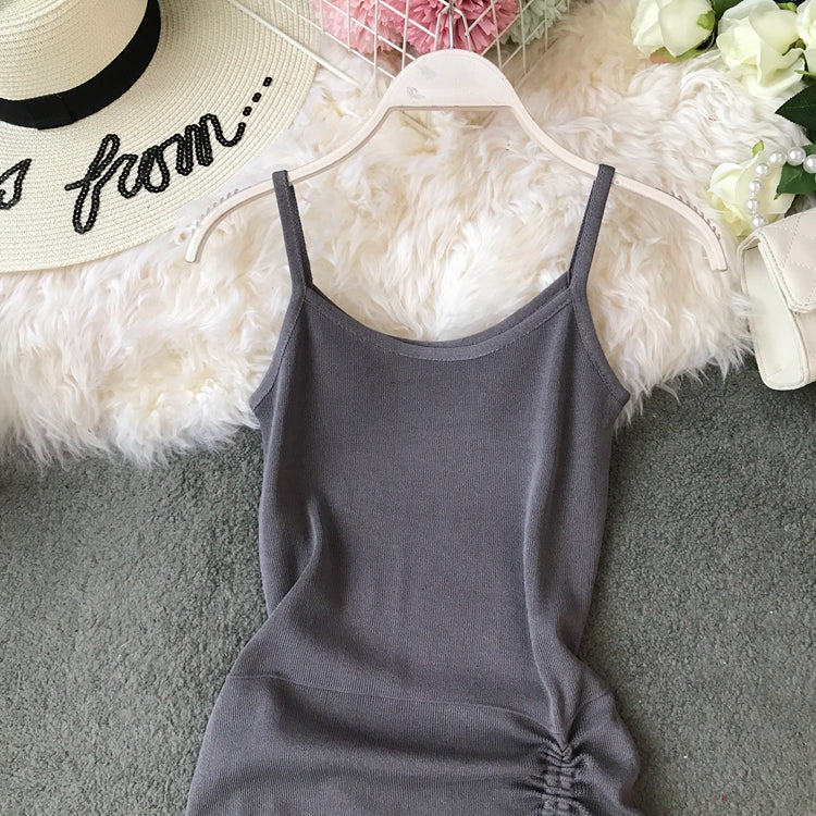 Drawstring pleated sexy irregular suspender dress women 3399