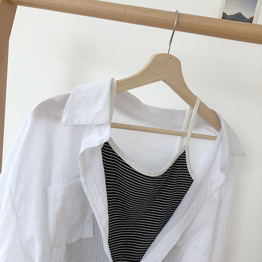 Striped slim fitting bottom sling + white loose shirt sunscreen two-piece set 6235