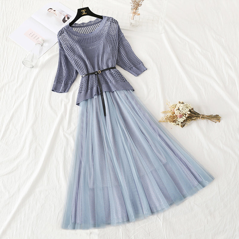 Hollowed out bat sleeve sweater mesh suspender skirt 4313