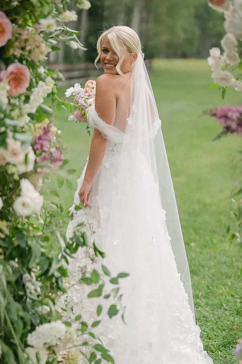Off-Shoulder A-Line Lace Florals Wedding Dress With Train